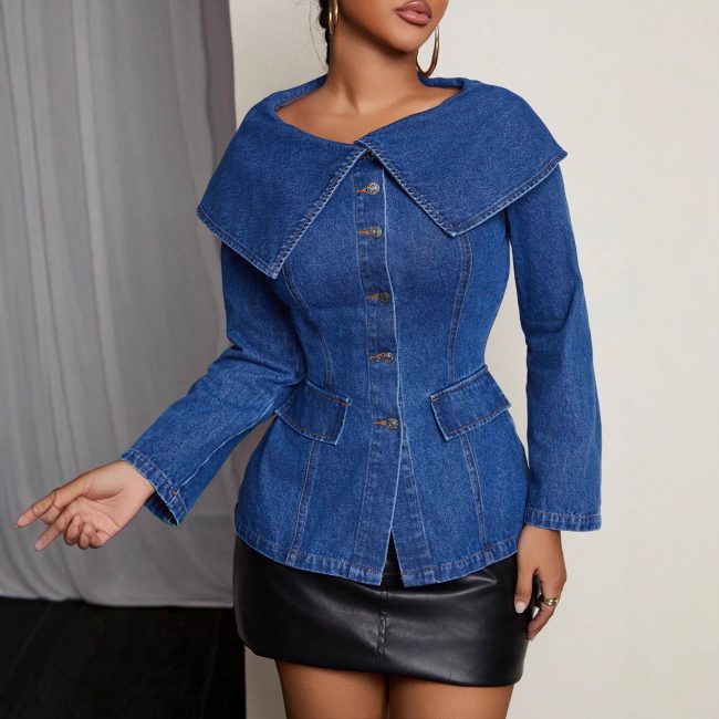 Elegant Sunburn Big Lapel Long Sleeve Denim Coat