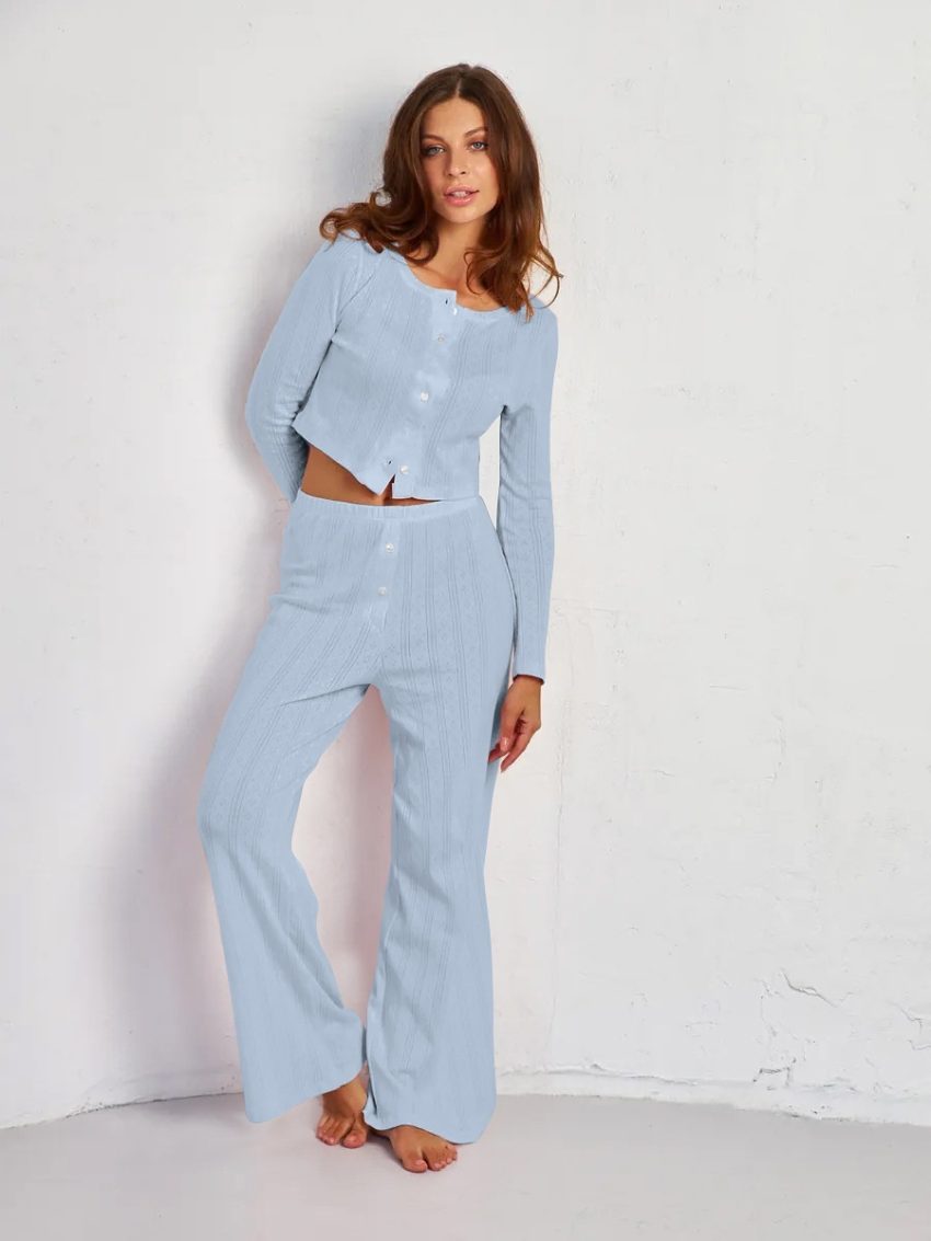 Cropped Knitted Cotton Jacquard Long-sleeved Trousers Cardigan Three-piece Set