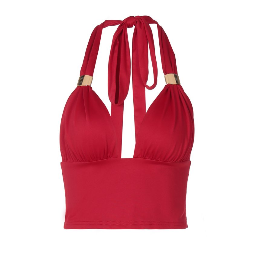 Deep V Metal Decorative Halter Backless Slim Fit Tied Tube Top