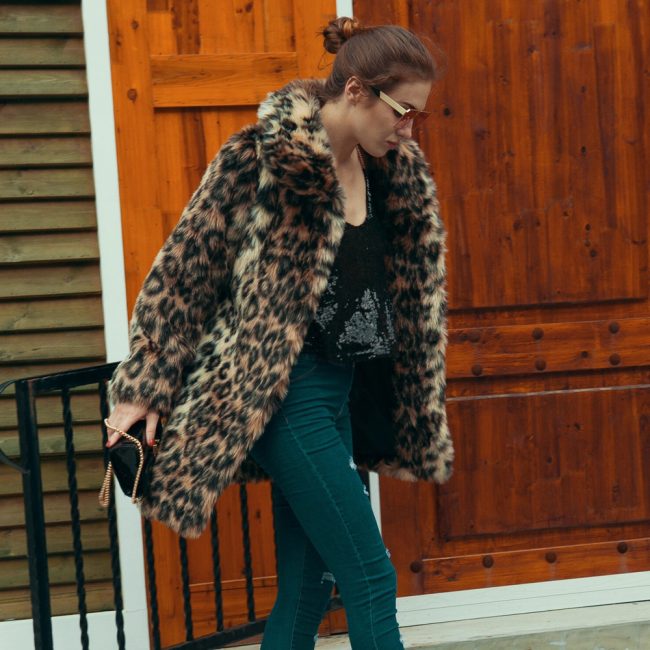 Lapel Leopard Like Fur Coat