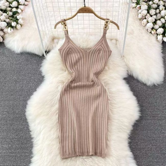 Metal Decorative Sling Woolen Skirt Slimming Hip Knitwear Dress