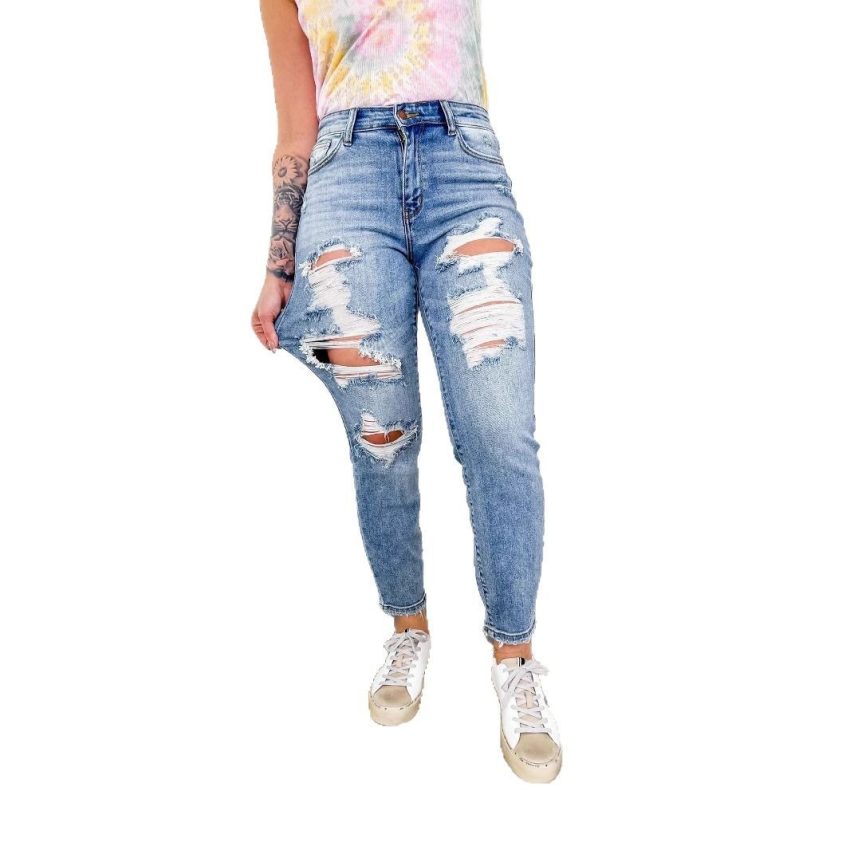 European And American Light Color Skinny Pants Long Hole