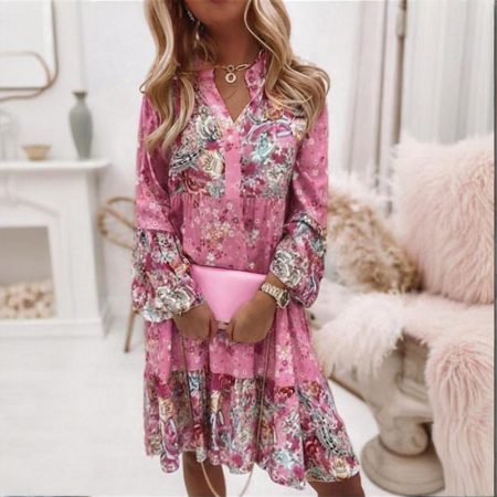 Plus Size Women's Round Neck Button Front Floral Print Dress - Spring Summer Patchwork Midi Dress