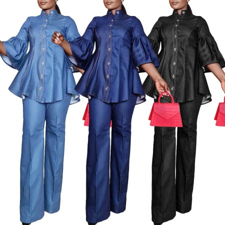 New Solid Color Denim Turtleneck Clinch Straight-leg Pants Suit
