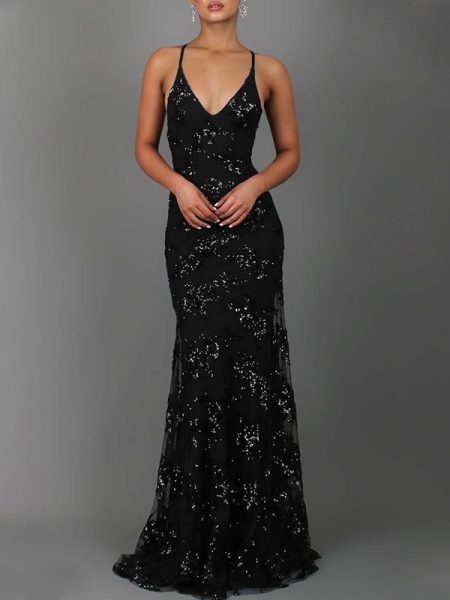 Dress V-neck Brace Backless Sequined Lace-up