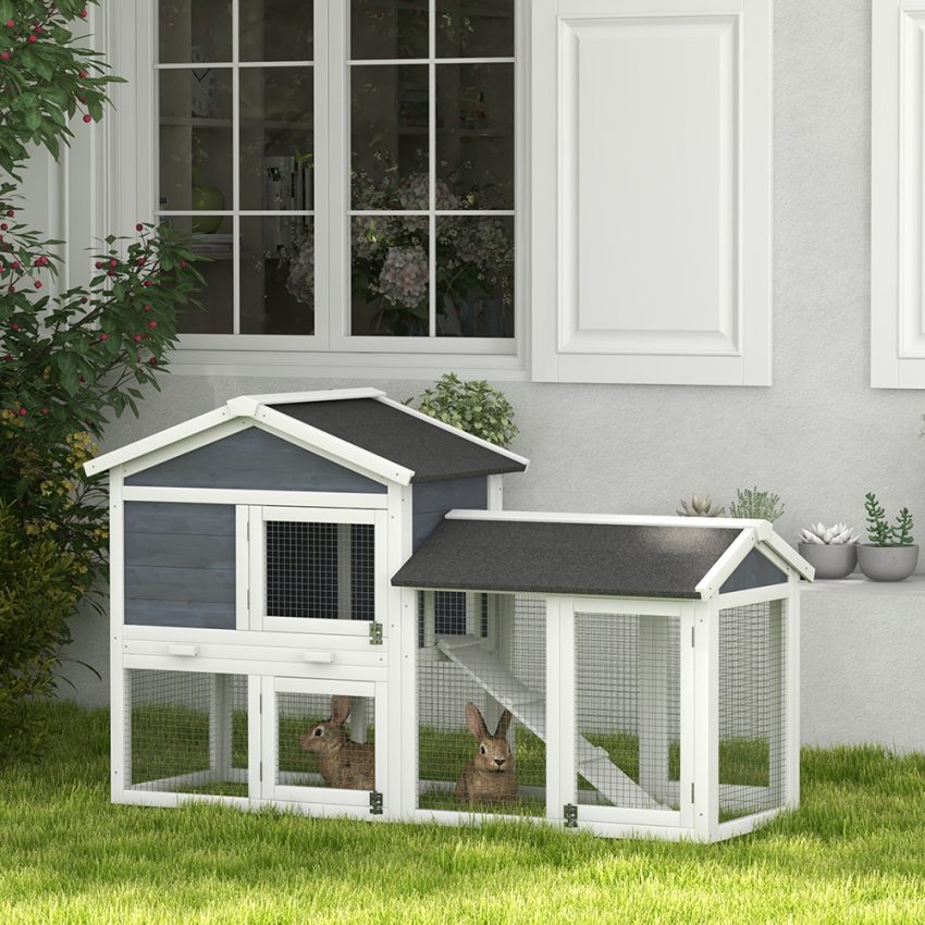 58inch Wooden Rabbit Hutch With Run, Removable Tray, Asphalt Roof, Lockable Doors And Ramp, Gray