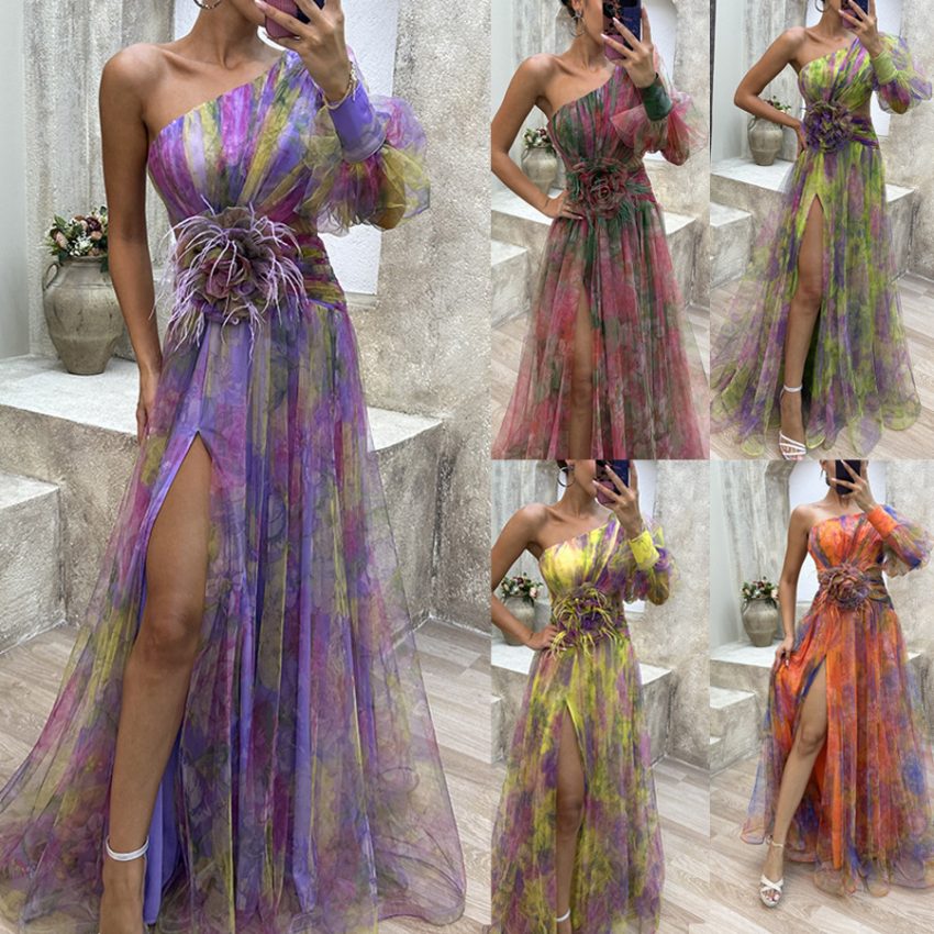 New Party Mesh Slanted Shoulder Dress INS Casual And Fashionable Women's Long Skirt