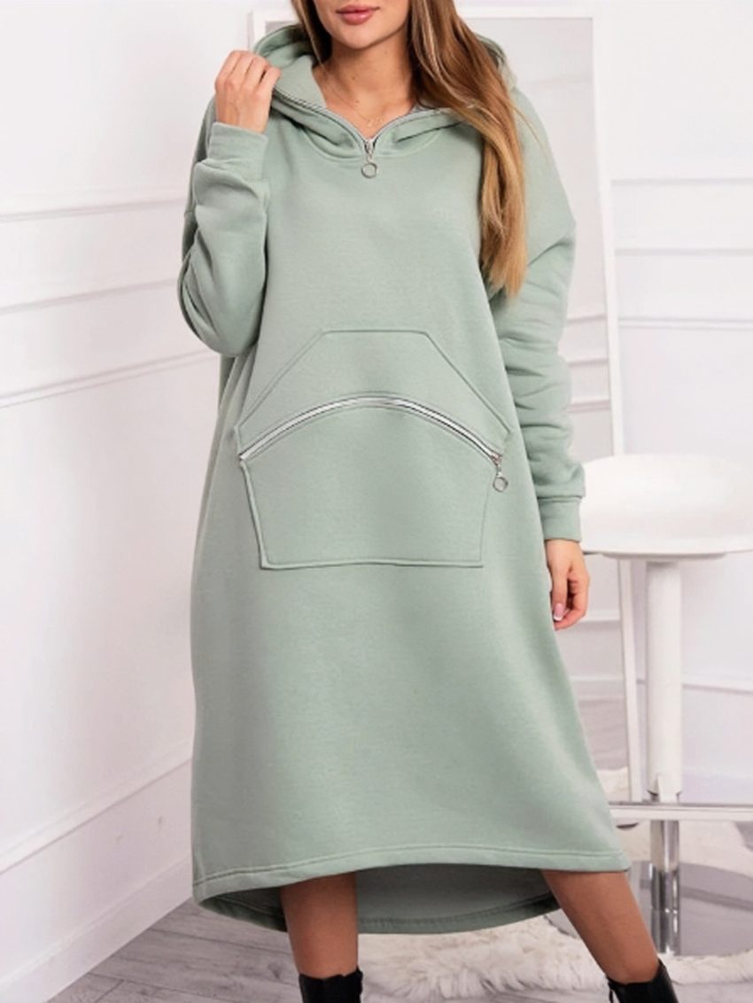 Women's Hooded Zipper Sweatshirt Dress Loose Casual Solid Color Sweatshirt Dress