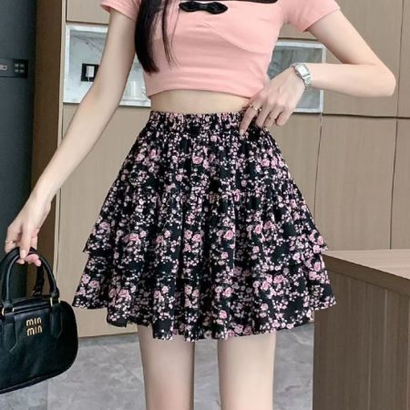 French Style Vintage And Little Fresh Cherry Floral A- Line Skirt