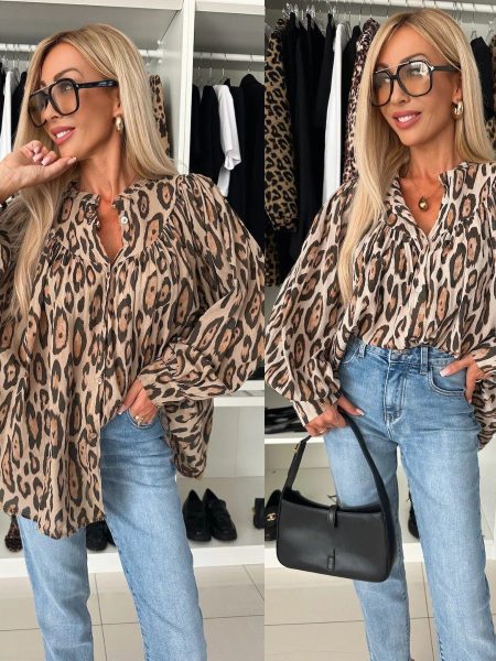 Leopard Print Printed Loose Long Sleeves Shirt