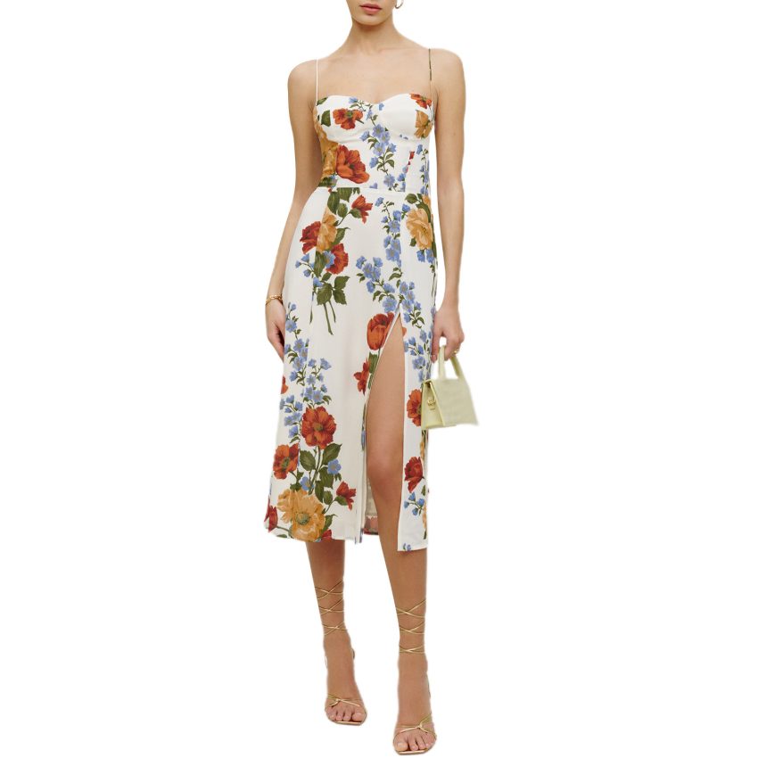 New Slim Fit Slimming French Strap Shoulder Lace Printing Holiday Dress