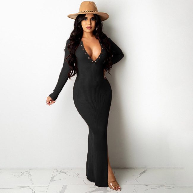 Lapel Backless Long Sleeves Slit Midi Skirt