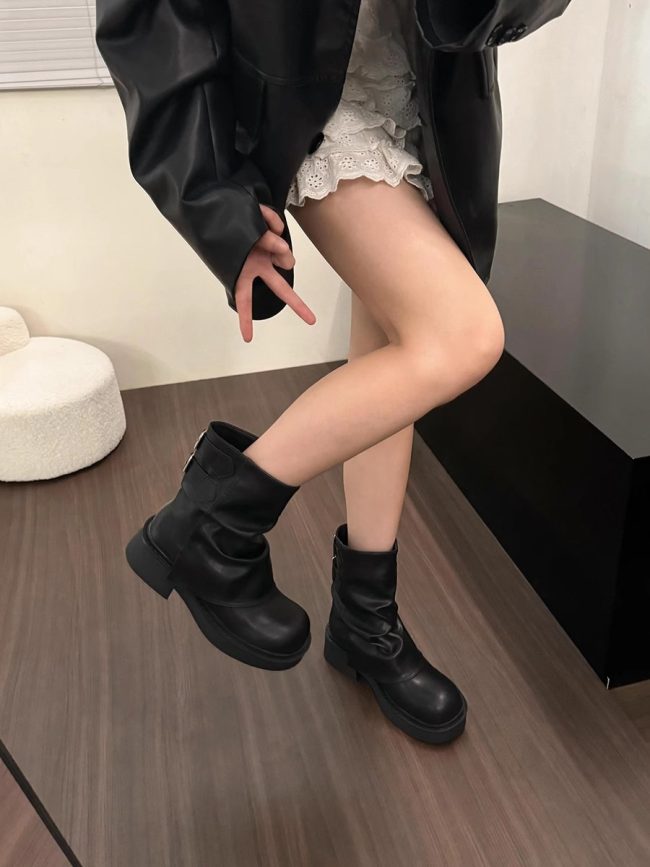 British Street Pleated Sleeve Slugged Bottom Boots