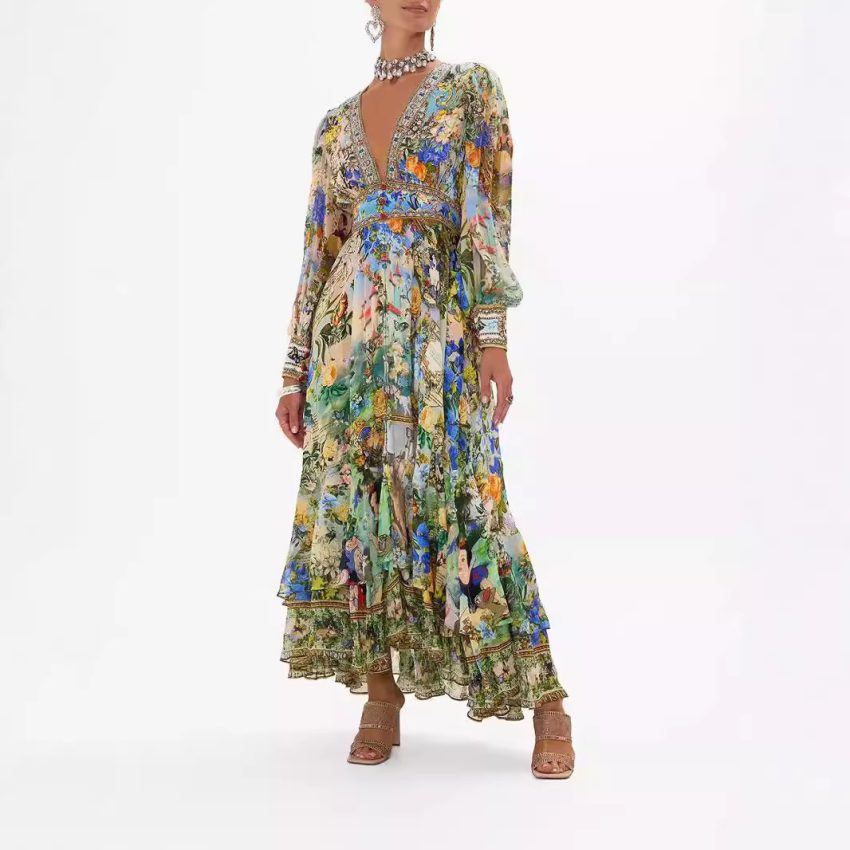 Printed V-neck Long-sleeved Bubble Sleeve Waist Women's Clothing Dress