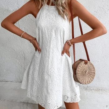 Women's Lace Solid Color Sleeveless Button Halter Neck Dress