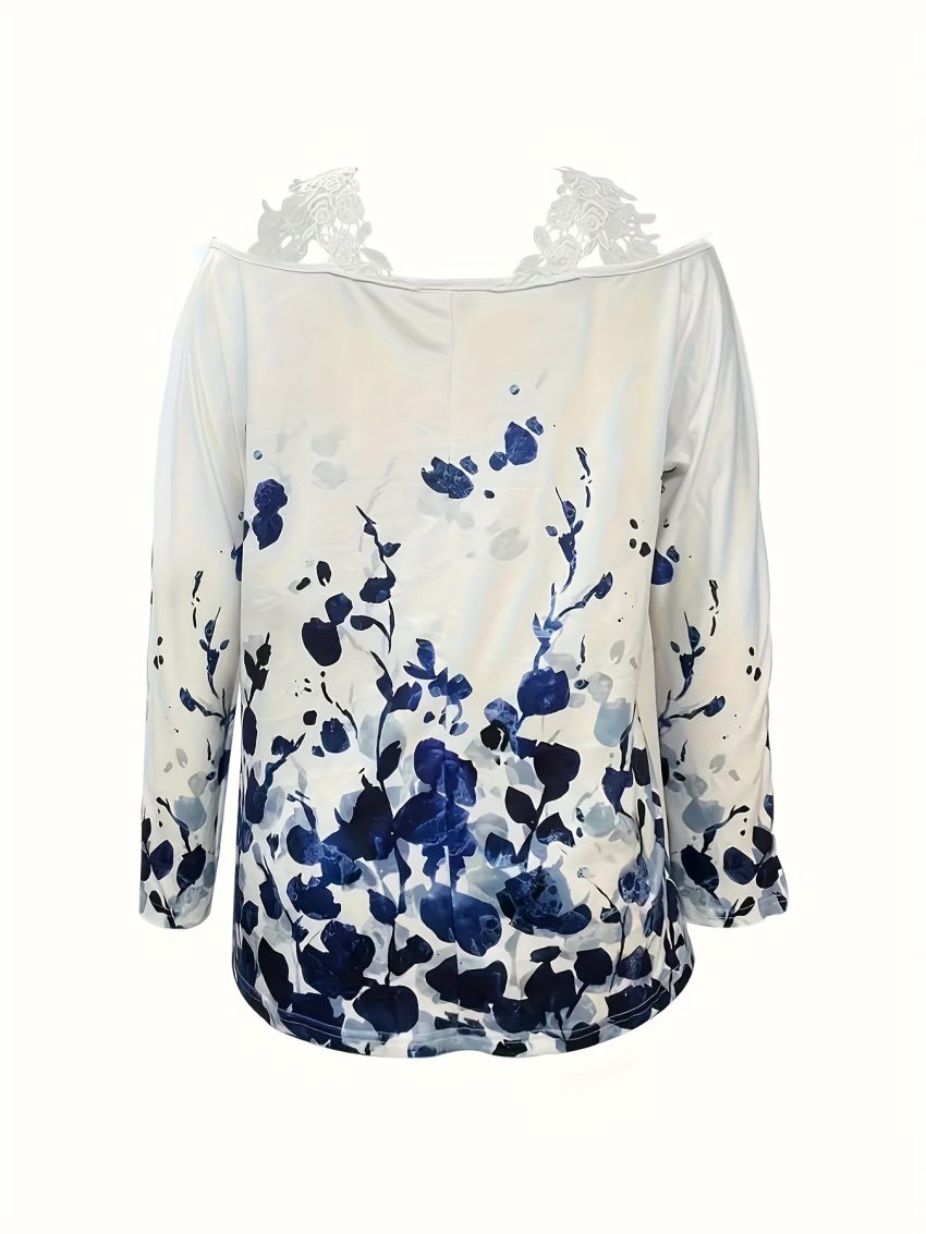 Spring And Autumn New Casual Plant Print Lace Trim Off-shoulder Long Sleeve Top
