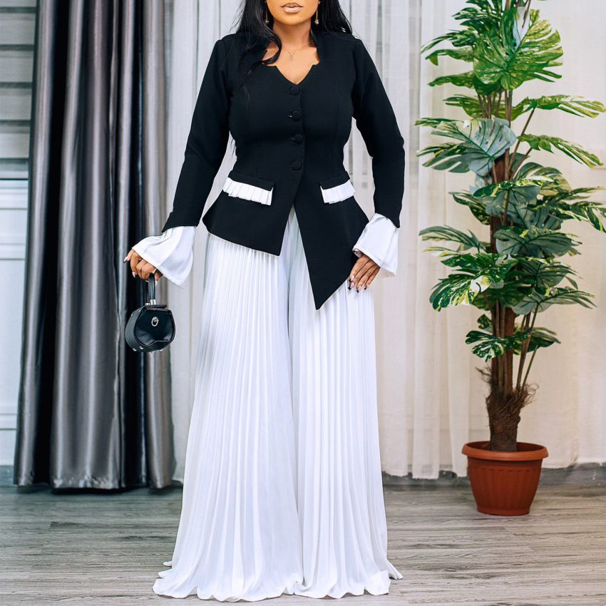 Fashion Flared Sleeves Top Pleated Wide-leg Pants Suit Two-piece Set