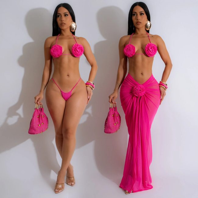 Colorful Backless Drawstring Neck Bikini Three Piece Set