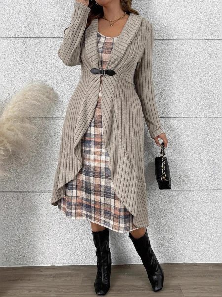 Autumn & Winter Pleated Cardigan Trench Coat with Shawl – Knitted Coat Dress Suit for Women