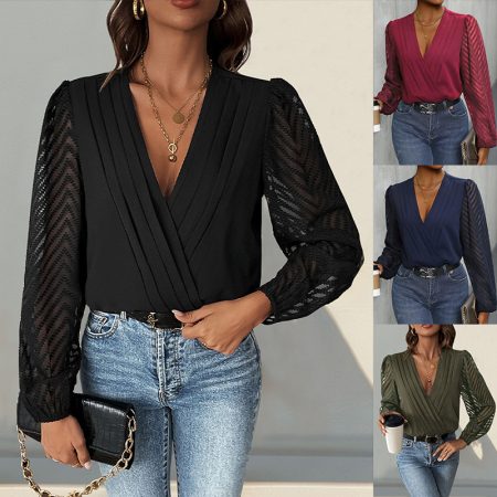All-matching Solid Color And V-neck Pleated Lace See-through Long-sleeved Jumpsuit