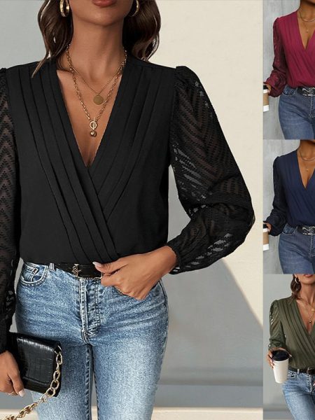 All-matching Solid Color And V-neck Pleated Lace See-through Long-sleeved Jumpsuit