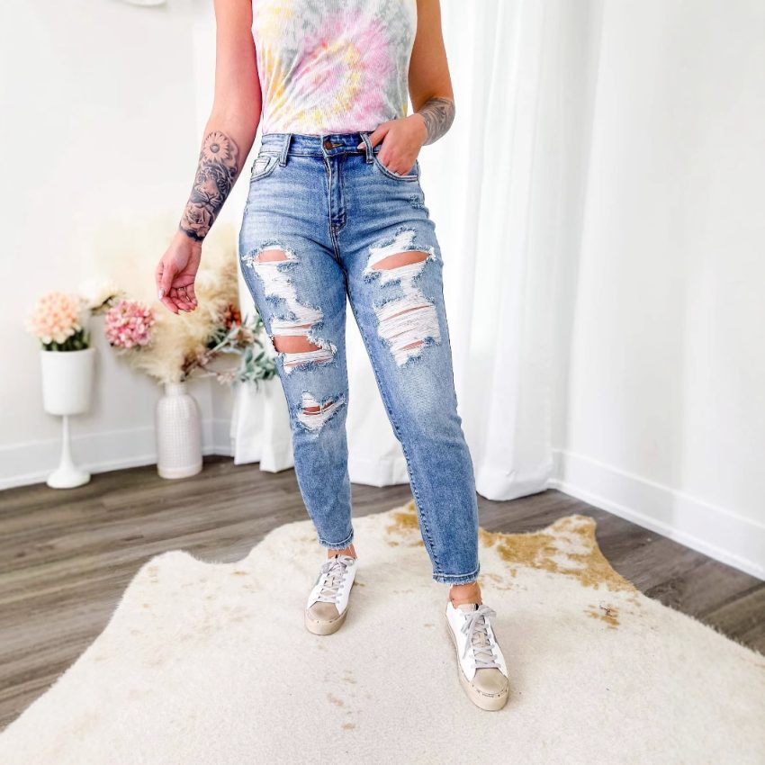 European And American Light Color Skinny Pants Long Hole