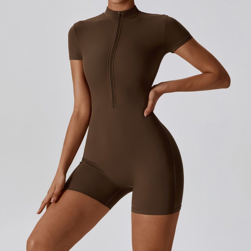 Summer Zipper Short Sleeved Yoga Jumpsuit For Women