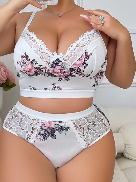 Printed Lace Stitching Pure Desire Slip Plus Size Underwear Suit