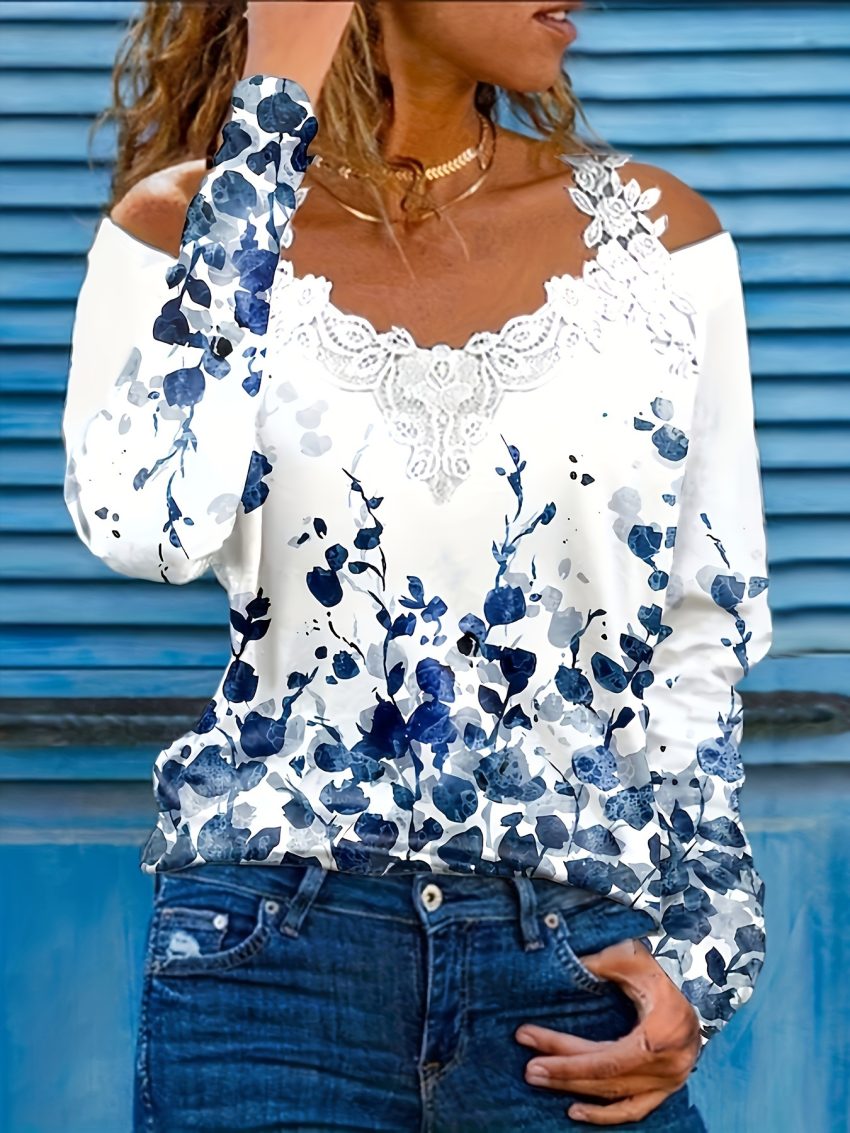 Spring And Autumn New Casual Plant Print Lace Trim Off-shoulder Long Sleeve Top