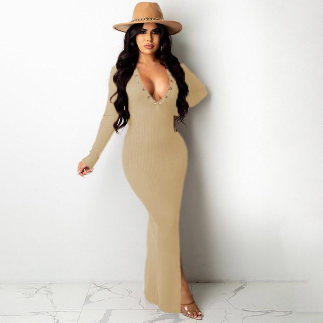 Lapel Backless Long Sleeves Slit Midi Skirt