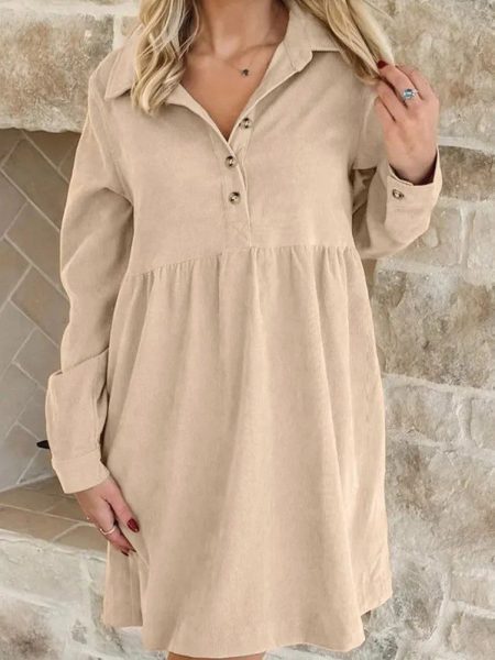 Oatmeal Corduroy Half Button Collared Long Sleeve Mini Dress