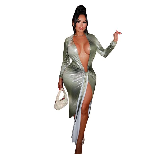 Casual Elegant Printed Deep V Long Sleeve Streamer Pleated Length Dress