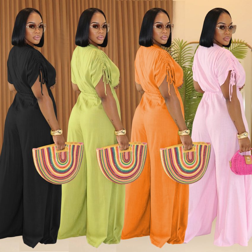 Women's Casual V-neck Lace-up Wide-leg Jumpsuit
