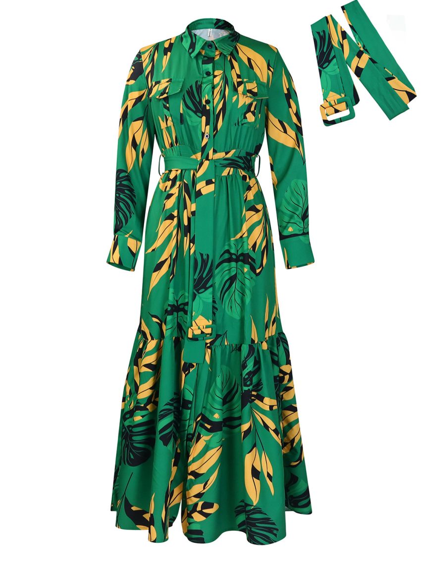 Lapel Lace-up Printed Long Sleeve Shirt Skirt Long Dress