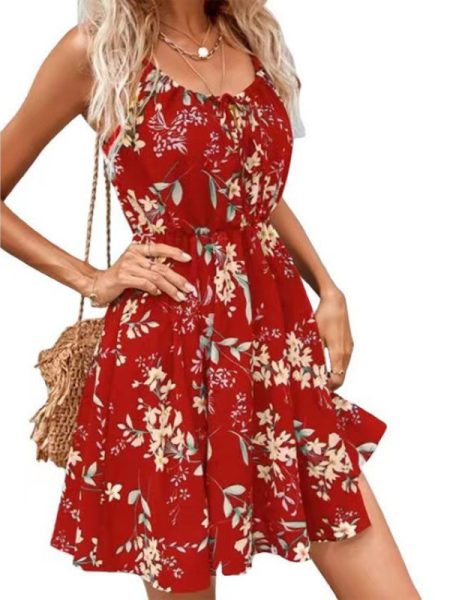 Elegant Sleeveless Dress With Printed Elastic Waist And Suspenders For Women