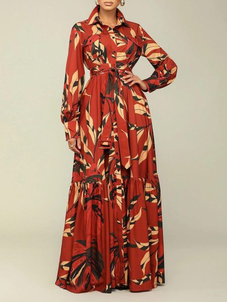 Lapel Lace-up Printed Long Sleeve Shirt Skirt Long Dress