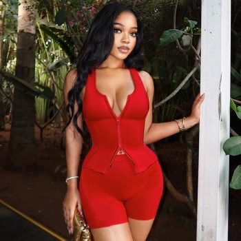 Women's Sexy Exercise Sleeveless Zipper Vest Top Tight Shorts Two-piece Suit