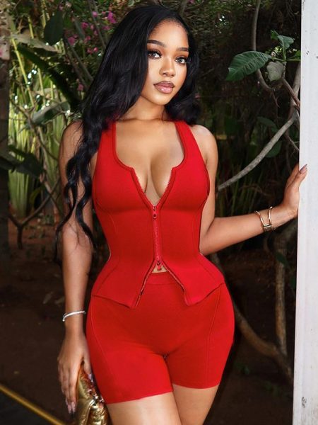 Women's Sexy Exercise Sleeveless Zipper Vest Top Tight Shorts Two-piece Suit