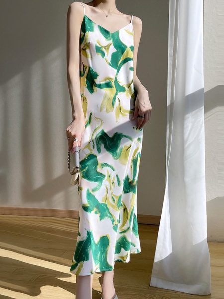 Women's V-neck Mid-length Satin Sling Dress