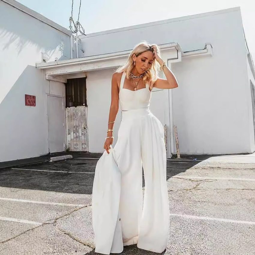 Sexy Spaghetti Straps Chest Wrap Vest Casual Loose Trousers Two-piece Set