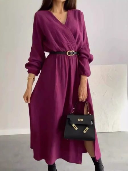 Fashion Long Sleeve Solid Color Waist Tight Dress