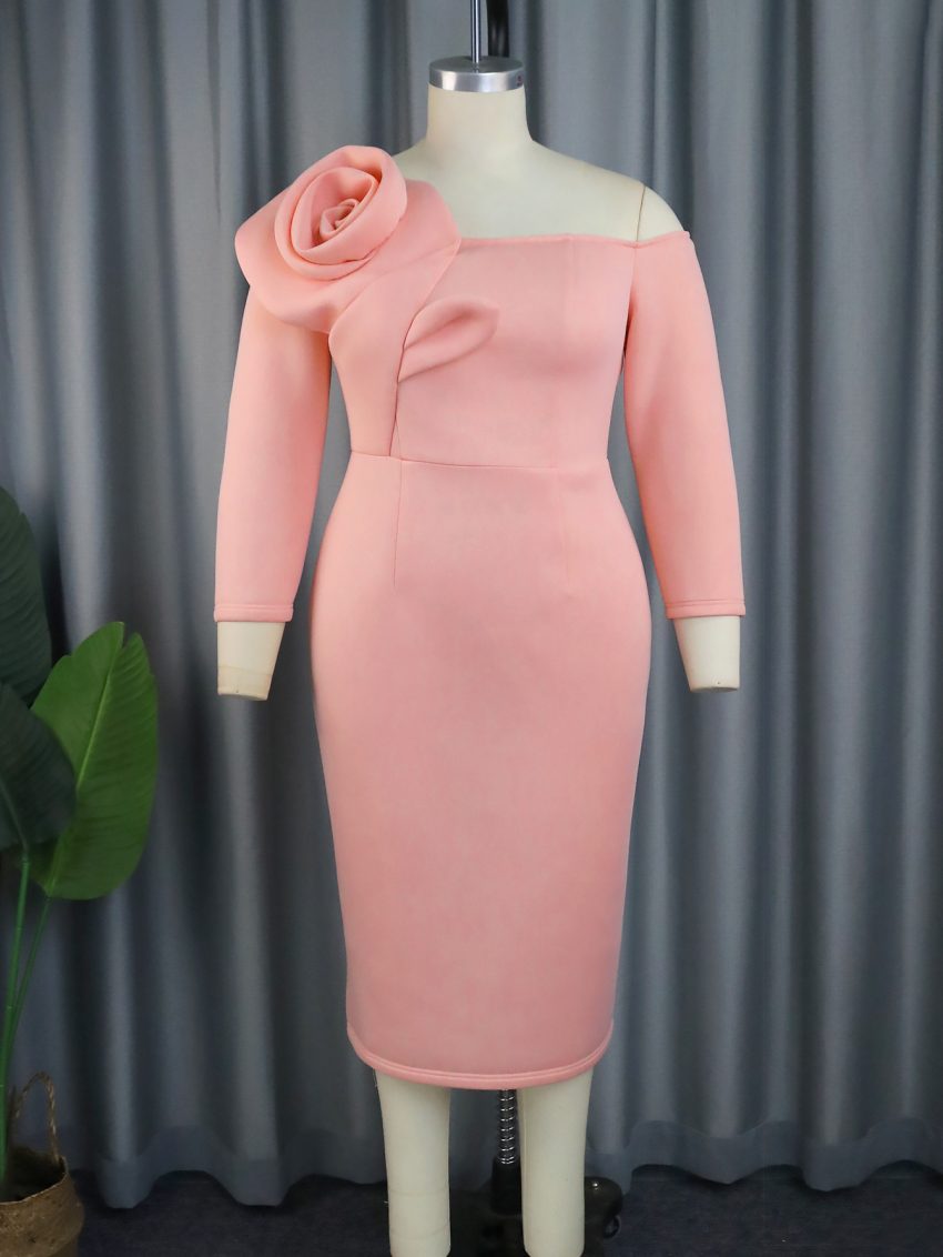 Elegant Bell Sleeve Three-dimensional Flower Dress Back Slit Dress