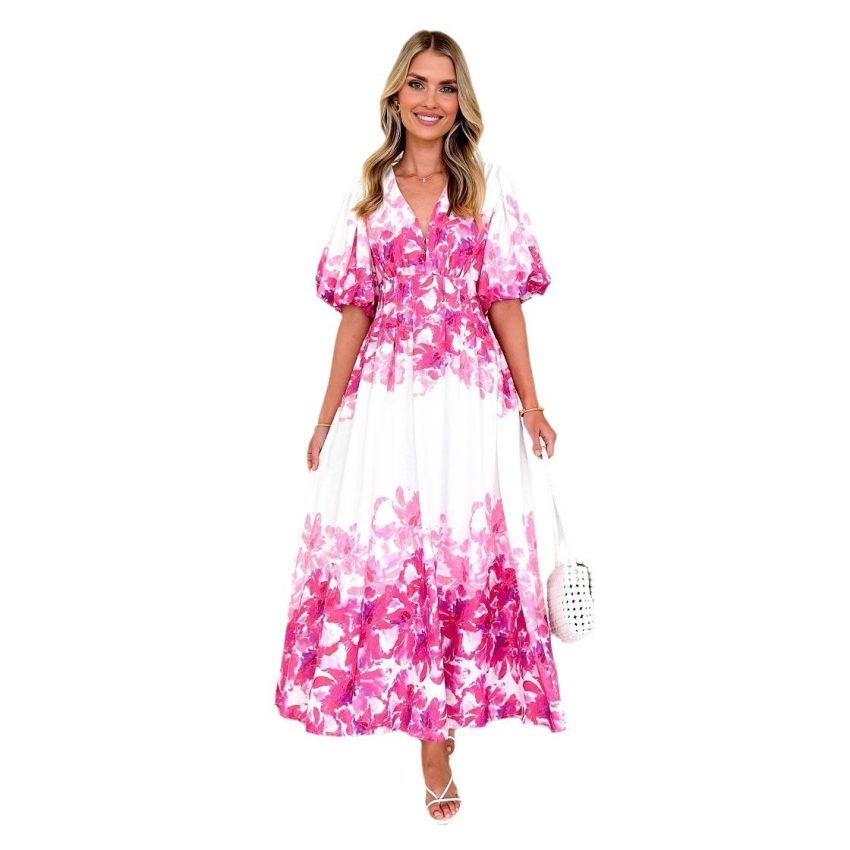 Spaghetti-strap Floral Print Fairy Mid-length Elegant Big Hem Dress