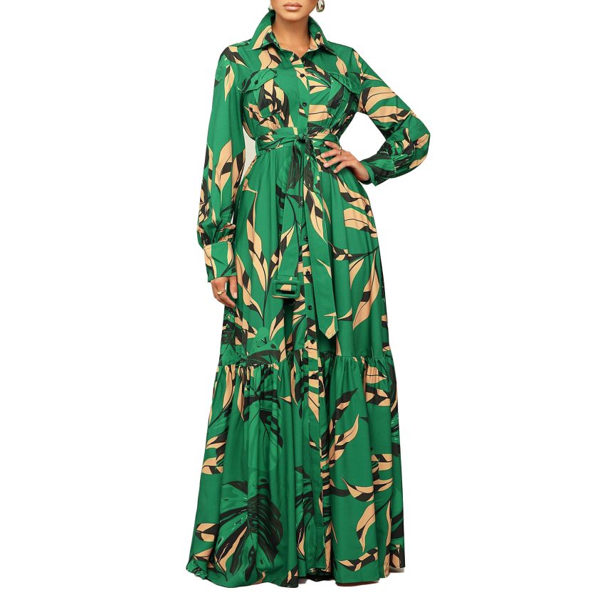 Lapel Lace-up Printed Long Sleeve Shirt Skirt Long Dress
