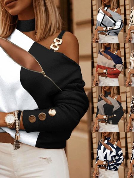 Women's Long-sleeved Chain On Neck Printed Top