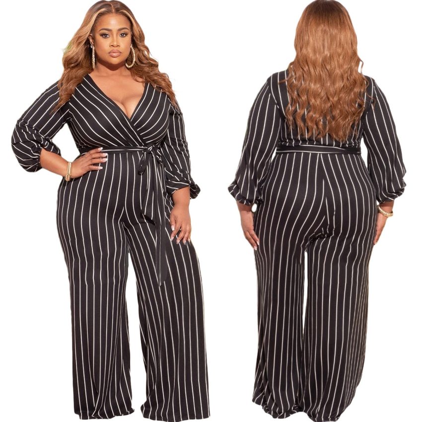 Women's Placement Print Striped Plus Size V-Neck Jumpsuit