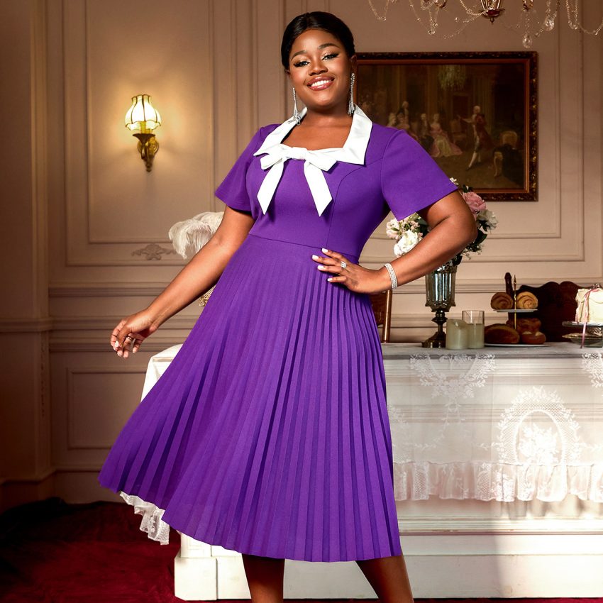 Plus Size Elegant Pleated Bow Square Collar Slimming Dress