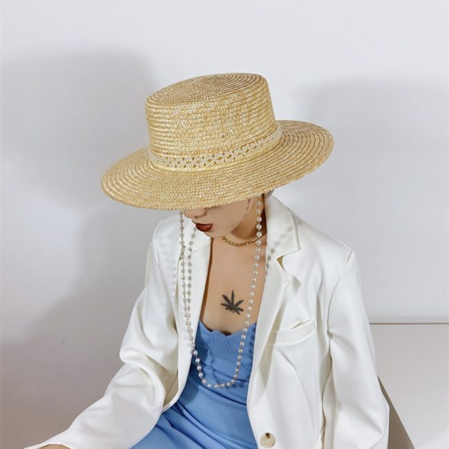 Women's Detachable Pearl Chain Flat Top Straw Hat