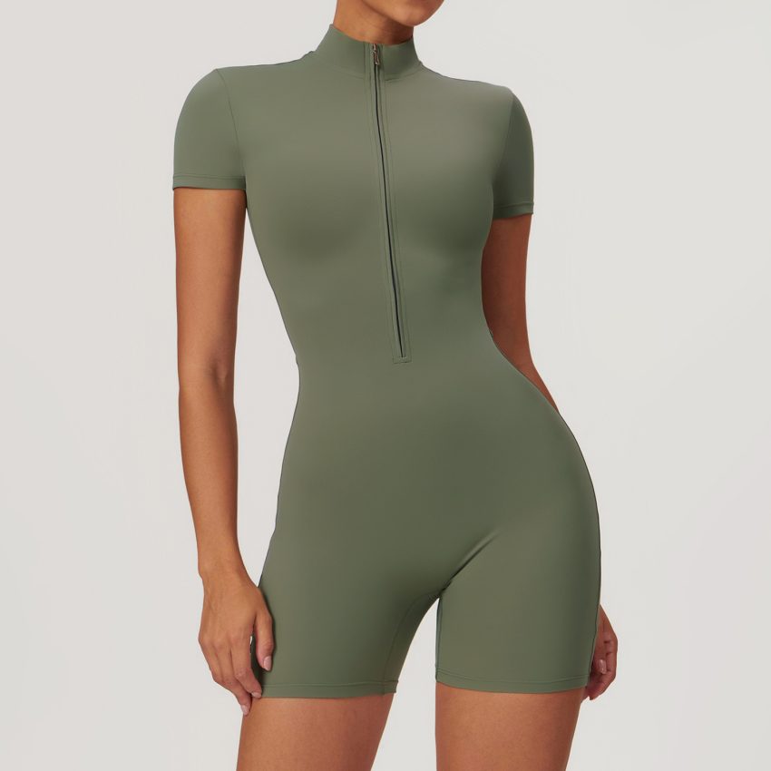 Summer Zipper Short Sleeved Yoga Jumpsuit For Women