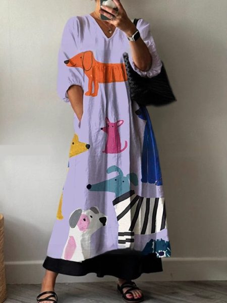 Loose V-neck Fashion High-end Long Sleeve Printed V-neck Dress